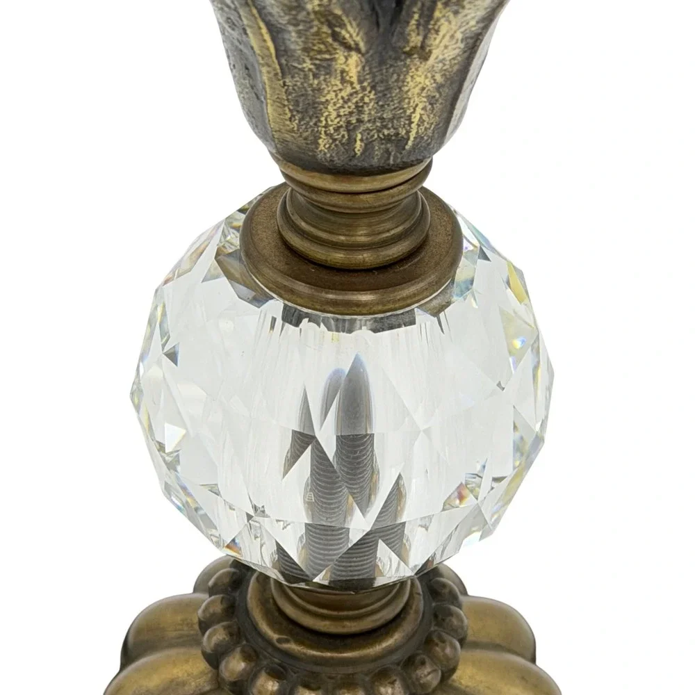 Vtg MCM Bronze Finish Taper Candle Holder Crystal Marble Hollywood Regency 10